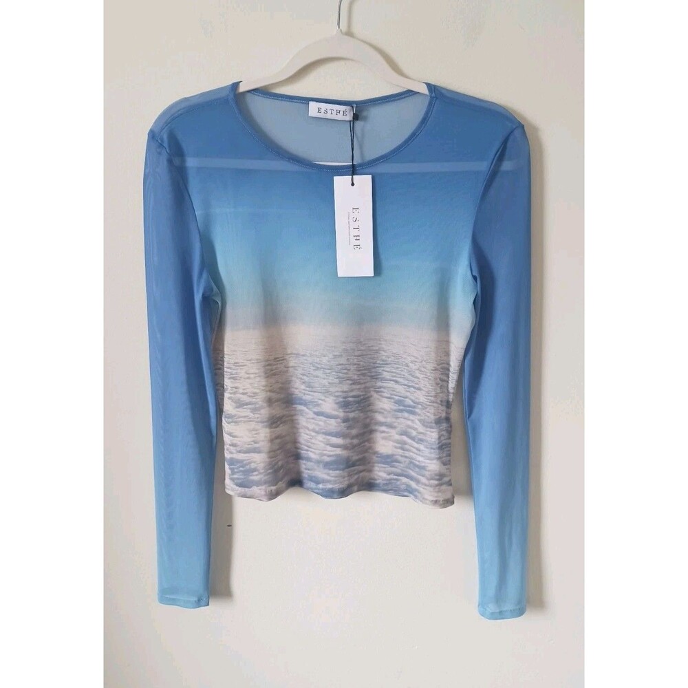 Esthé Mesh Sheer Crop Top Size M Blue Ocean Print Long Sleeve Y2K
